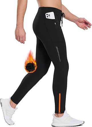 BALEAF Men's Thermal Running Tights Winter Cycling Pants Fleece Lined Compression Leggings Zipper Pockets Cold Weather Gear