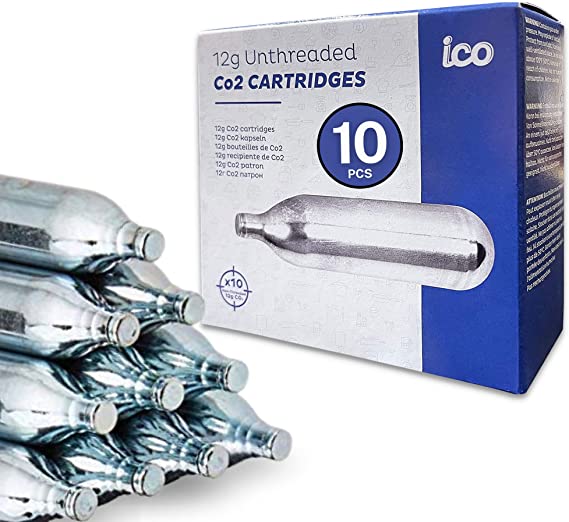 ICO 12 Gram Co2 Cartridges Non-Threaded for Use with CO2 BB Gun, Airsoft Pistol CO2, CO2 Gun and Air Rifle (10 or 50 pcs)