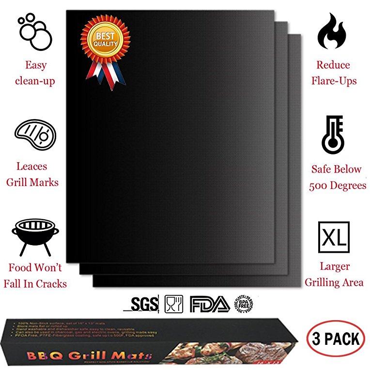 BBQ Grill Mat Non Stick Surface Reusable Teflon Oven Liner Set of 3 Cooking Mats for Grilling, Cooking, Baking, Barbecue (15.8''x13.0'', Black)