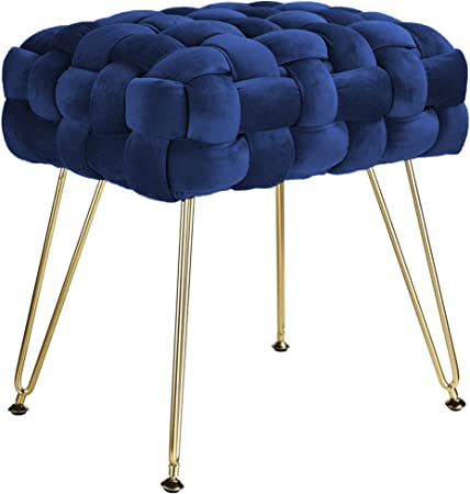 CUYOCA Ottoman Velvet Upholstered Foot Rest Vanity Stool with Metal Legs, Modern Contemporary Accent Stools, Makeup Footstool, Navy Blue