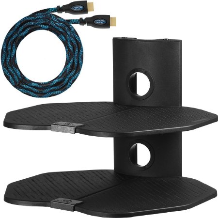 Cheetah Mounts AS2B 2 Shelf TV Component Wall Mount Shelving Bracket with 18x16" Shelf, 15' Twisted Veins HDMI Cable for Satellite Box, Cable DVD Player, Game Station, Receiver, TVs