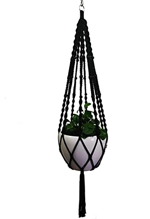 Hanpo Hemp Cotton Rope Macrame Plant Hanger Hanging Planter 8 Legs 63 Inch , Hook , Plant and Pot not Included for 12-13 inch Plant Pot (Black-Cotton)