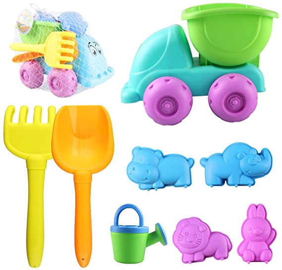 M AOMEIQI Beach Sand Toys Set for Kids 8 Piece Sandbox Toys Outdoor Toddlers Baby Toys with Truck, Shovels, Rakes, Watering Can, Animal Molds in Mesh Bag