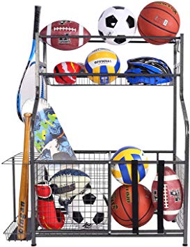Mythinglogic Garage Storage System, Garage Organizer with Baskets and Hooks, Sports Equipment Organizer for Kids, Ball Rack, Garage Ball Storage, Sports Gear Storage, Black, Powder Coated Steel
