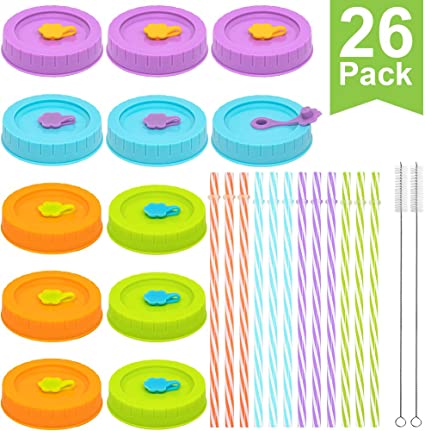 REGULAR Mouth Mason Jar Lids for Ball, Kerr, etc with Straw Hole/Straws/Silicone Stoppers/Rings/Clean Brush, BPA Free Colored Plastic Canning Jar Drinking Lids & Food Storage Caps 26 Pack