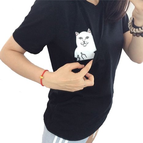 Women T Shirt Middle Finger Cat Pocket Shirts Harajuku Crop Top Tee