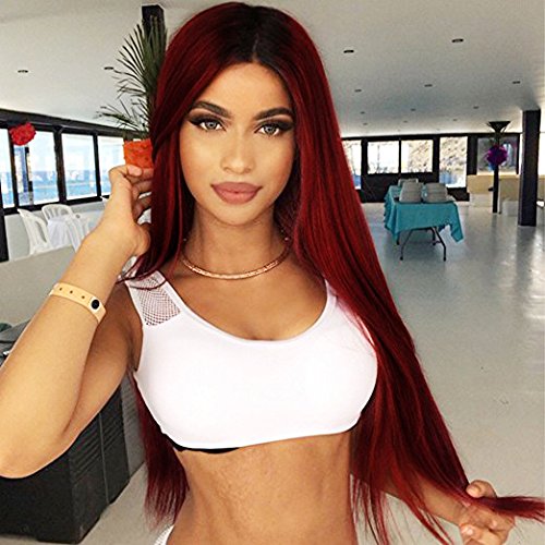 ForQueens Ombre Long Straight Wine Red Wig for Women Middle Part Synthetic Burgundy Wig for Black Women Heat Resistant Fiber