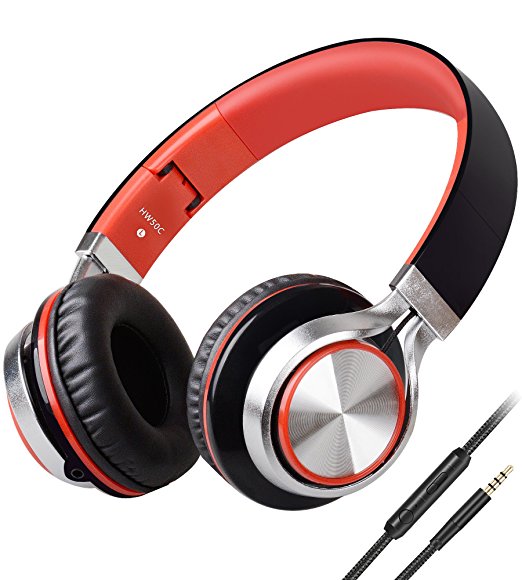 Foldable Headphones, Biensound HW50C Headphones with Microphone and Volume Control Lightweight Stereo Headset for iPad iPhone iPod Tablets Smartphones Laptop Computer PC Mp3/4 (Red)
