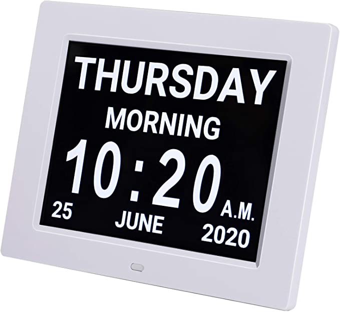 HUANUO Digital Calendar Alarm Day Clock - with 8" Large Screen Display, am pm, 5 Alarm, Dementia Clocks for Alzheimers Sufferers Elderly Seniors Memory Loss Impaired, for Desk, Wall Mounted（White）