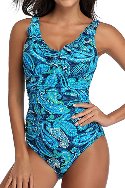 PERONA Women's One Piece Swimsuits Tummy Control Bathing Suits Ruffled Plus Size Swimwear