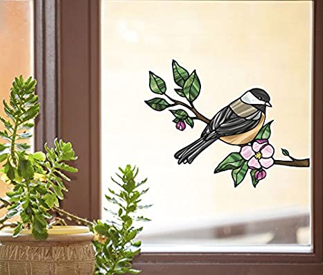 Bird - Chickadee with Apple Blossom - Stained Glass Style See-Through Vinyl Window Decal - Yadda-Yadda Design Co. (Size Choice) (Med 6"w x 4.75"h)