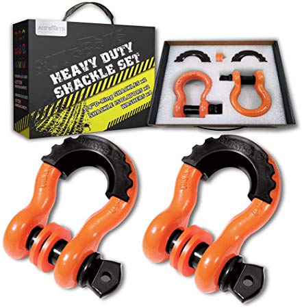 AUTOBOTS Bow Shackle 3/4" D-Ring Orange Shackle (2 Pack), 41,887Ib Break Strength with 7/8" Pin, 2 Black Isolator and 4 Washers Kit for Off-Road Jeep Vehicle Recovery