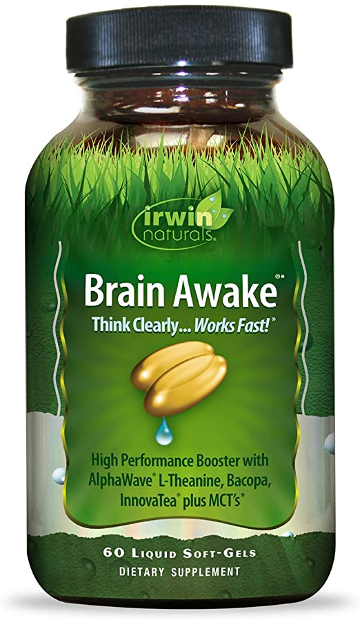 Irwin Naturals Brain Awake Enhanced Mental Performance, Increased Focus, Boost Clarity & Concentration - Powerful Nootropic Booster with L-Theanine, Bacopa, MCT's & InnovaTea - 60 Liquid Softgels