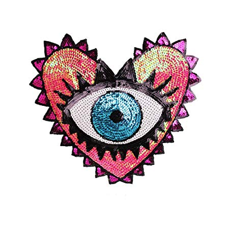 Large Heart Eye Sequins Patch Heart Eye Sew on Patches Embroidered Badge Motif Applique Compatible Clothing Jeans T-Shirt (Pink)