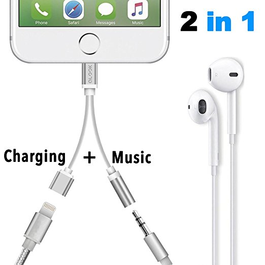 Alook iphone 7 adapter(Compatible with IOS10.3) , 2 in 1 Lightning Adapter and charger , 3.5mm Earphones Jack Cable for New iPhone 7/7 plus (Silver)-No Music Control and Calling Function