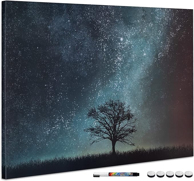 Navaris Magnetic Memo Board Whiteboard - 90 x 60 cm Dry Erase White Board with Design for Wall - Includes Marker and Magnets - Starry Sky and Tree