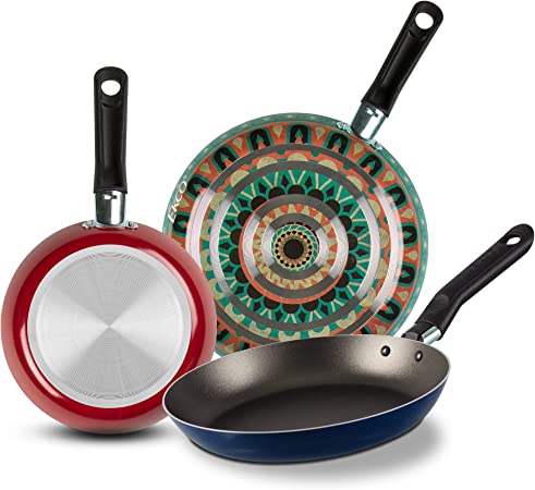 Ekco 3-Piece Frying Pan Set (7.1, 7.9 & 9.4 IN) For all Stovetops, Dishwasher Safe - 100% Aluminum Skillets with Premium Non-Stick & Riveted Bakelite Handle (Hippie Chick Red & Blue) PFOA & PTFE Free