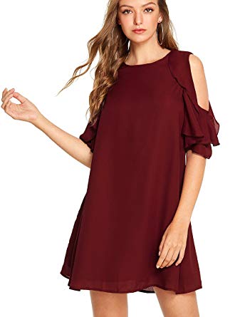 Romwe Women's Short Sleeve Ruffle Cold Shoulder Loose Casual Chiffon Dress