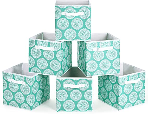 MaidMAX Collapsible Cloth Storage Bins Cubes Baskets Containers with Dual Handles for Home Closet Bedroom Drawers Organizers, Aqua Flower, 10.5 x 10.5 x 11″, Set of 6