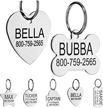 Providence Engraving Custom Engraved Stainless Steel Pet ID Tags - Small or Regular Sized Customizable Stainless Steel Dog Tag or Cat Tag in Bone, Heart, Round, Star, and Rectangle Shapes