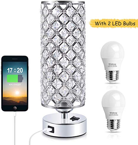 Crystal Table Lamp, Kakanuo Bedside Table Desk Lamp with USB Port, Modern Nightstand Lamp for Bedroom, Living Room, Office (2 LED Bulbs Included)