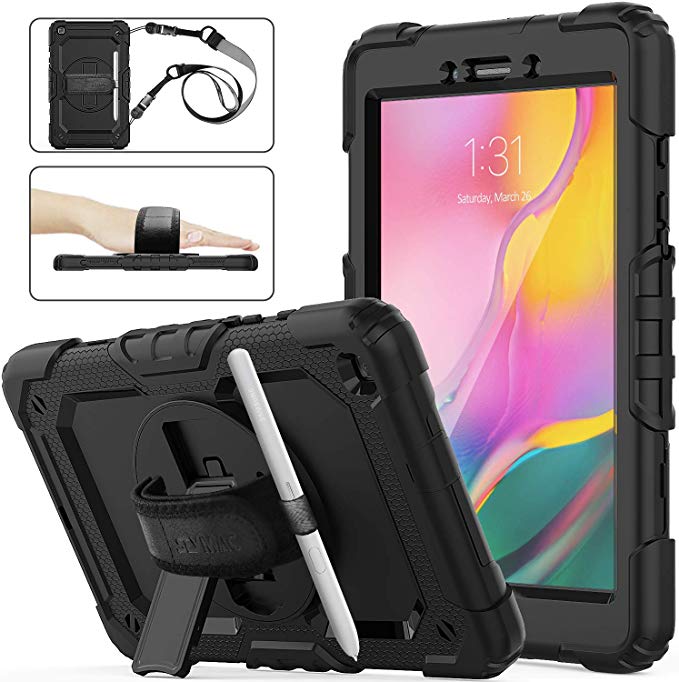 SEYMAC Stock Samsung Galaxy Tab A 8.0 SM-T290/T295/T297 Case, Three Layer Hybrid Drop Protection Armor Case with [360 Rotating Stand] Hand Strap [Pencil Holder] for Galaxy Tab A 8.0 2019 (Black)