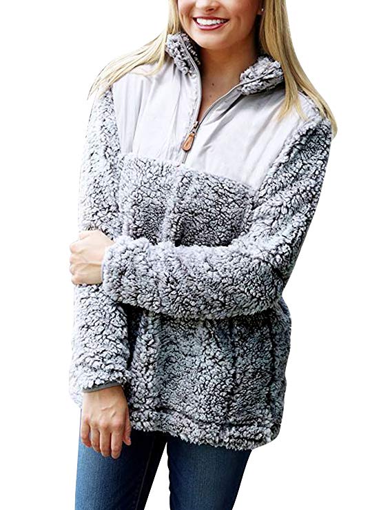 MEROKEETY Women's 1/4 Zip Stand Collar Sherpa Pile Pullover Tops Unisex Fleece Sweatshirt