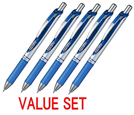 Pentel EnerGel Deluxe RTX Retractable Liquid Gel Pen,0.7mm, Fine Line, Metal Tip, Blue Ink-Value set of 5 (With Our Shop Original Product Description)