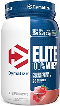 Dymatize Elite 100% Whey Protein Powder, 25g Protein, 5.5g BCAAs & 2.7g L-Leucine, Quick Absorbing & Fast Digesting for Optimal Muscle Recovery, Strawberry Blast, 2 Pound