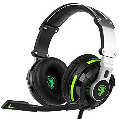 SADES SA933 Virtual 7.1 Channel Surround Sound headphones with Retractable Mic USB PC Gaming Headset Stereo Professional headsets Noise-Canceling Volume Control LED Light(BlackGreen)