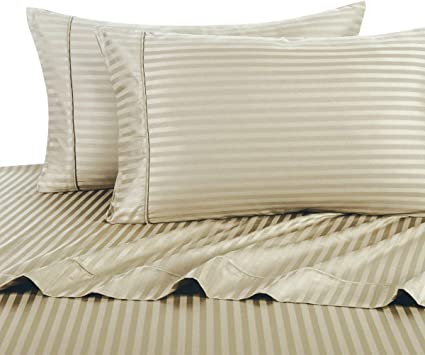 Stripe Tan King Size Sheets, 4PC Bed Sheet Set, 100% Cotton, 300 Thread Count, Sateen Striped, Deep Pocket, by Royal Hotel