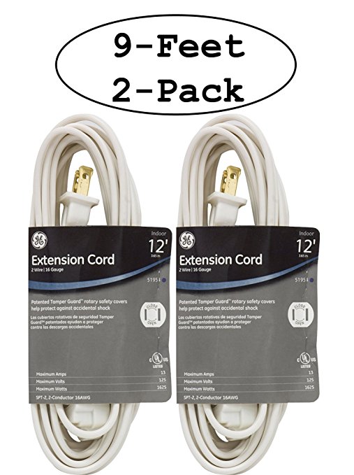 2-PACK - GE Extension Cord, Indoor, White with Tamper Guard, 9ft