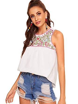 Romwe Women's Sleeveless Button Embroidery Summer Cotton Boho Vest Blouse