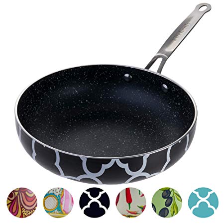 Decorative Non Stick Frying Pans - Deep Skillets Induction Ready Hard Anodized 3 layers Marble Coating 9.5 inch Pan for Cooking or Baking on Stove or Oven with Stainless Steel Ergonomic Handle