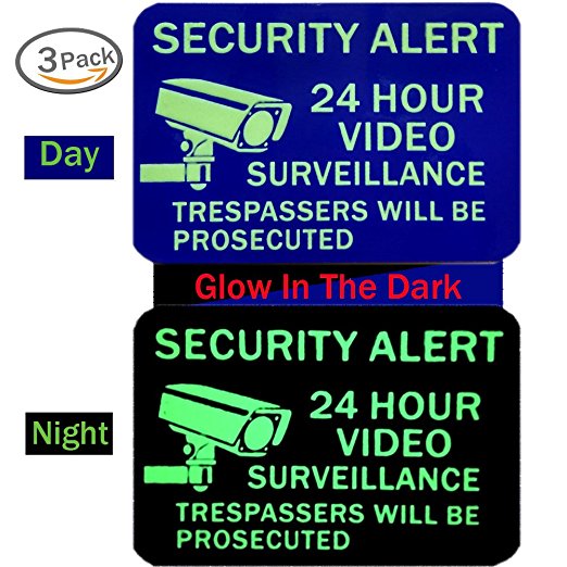 Video Surveillance Sign Glow - No Trespassing Signs - Home & Business Security Stickers Self-Adhesive Decal - Security Alert 0.40 Aluminum - 3 Pack