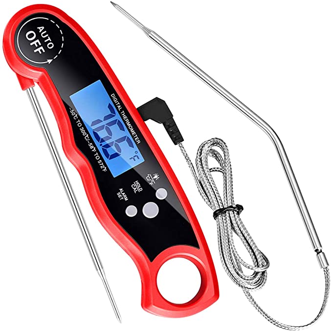 TYC Meat Thermometer Instant Read, Digital Food Thermometer Waterproof with ºF/ºC Button, Thermometer with Dual Probe & Alarm Setting LCD Display for Kitchen, Outdoor Cooking, BBQ, Candy, Milk, and Grill