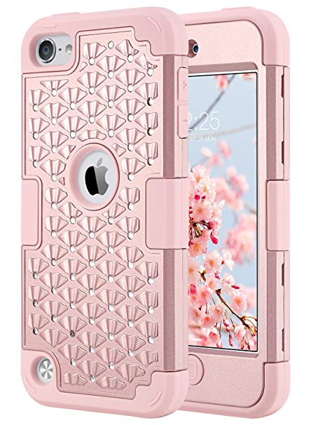 iPod Touch Case, iPod Touch 6th Generation Case,ULAK Bling Hybrid Heavy Duty High Impact Resistant Hard PC Soft Silicone Protective Case for Apple iPod Touch 5/6th Generation, Rose Gold