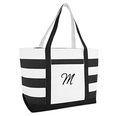 DALIX Striped Beach Bag Tote Bags Canvas Personalized Black Ballent Letter A - Z