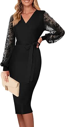 MEROKEETY Womens V Neck Lace Long Sleeve Sweater Dress Sexy Wrap Knit Bodycon Midi Dresses with Belt