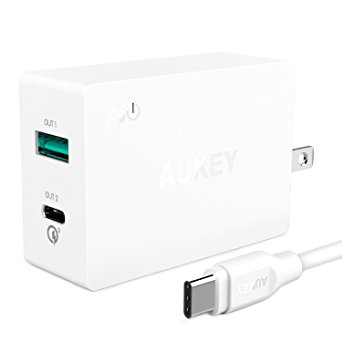 AUKEY Amp USB Wall Charger with USB C & 2 USB Ports for Samsung Note 7, LG G5, HTC 10, Nexus 6P & More - White