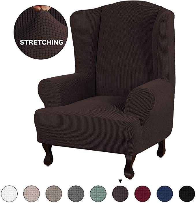 Turquoize Wing Chair Slipcover Brown Stretch Wingback Chair Cover Sofa Furniture Protector for Wing Back Chair Cover with Elastic Bottom Anti-Slip Foam (Wing Chair, Brown)