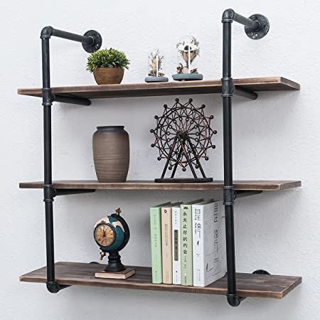 Industrial Pipe Shelves with Wood 3-Tiers,Rustic Wall Mount Shelf 36.2in,Metal Hung Bracket Bookshelf,DIY Storage Shelving Floating Shelves