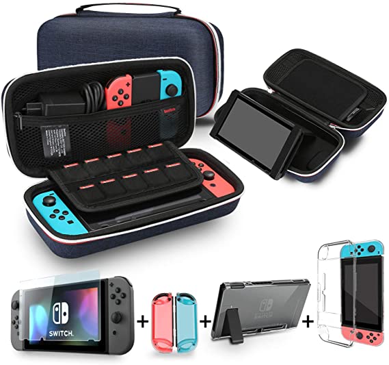 Bestico 3 in 1 Accessories Kits for Nintendo Switch, Include Carrying Case with Stand for Nintendo Switch , 1pc Tempered Glass Screen Protector, Dockable Crystal Clear Cover (Classic Blue)