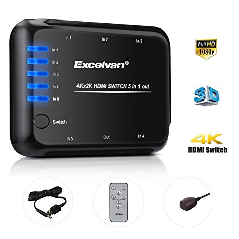 Excelvan 5x1 HDMI 5 Port Switch with IR Wireless Remote Control and AC Adapter Supports Ultra HD, 4K, 1080P, 3D