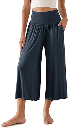 ODODOS Women's Wide Leg Palazzo Lounge Cropped Pants with Pockets Light Weight Comfy Casual Pajama Capri Pants-22 inseam