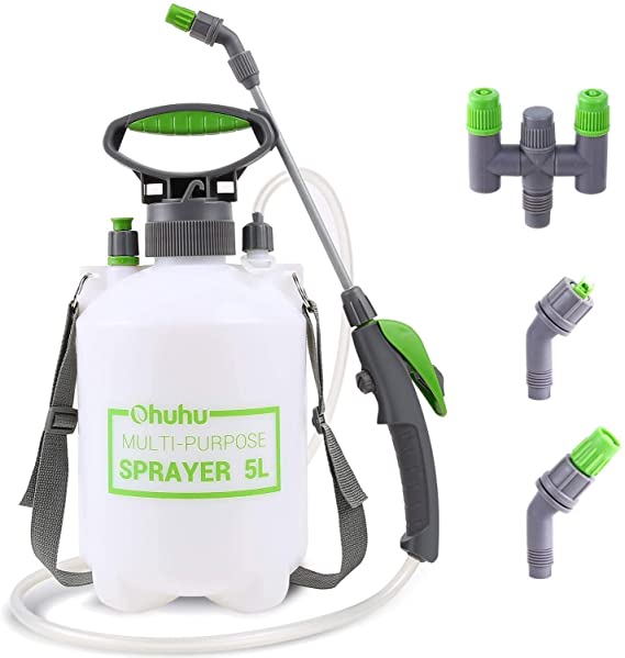 Ohuhu 1.3 Gallon/5L Lawn and Garden Pump Pressure Sprayer with 2 Different Nozzles, Pressure Relief Valve & Adjustable Shoulder Strap for Fertilizers, Mild, Solvent-Free Solutions