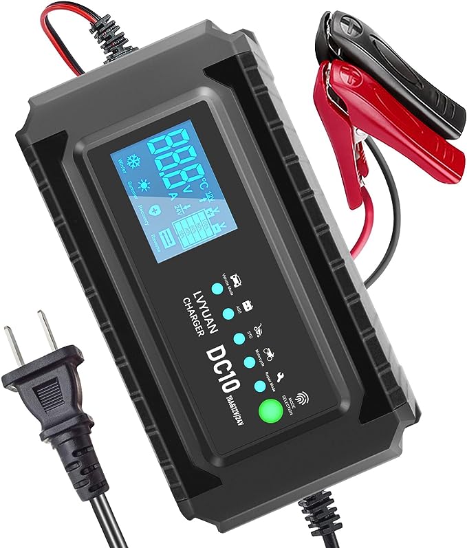 LVYUAN 10A Smart Car Battery Charger, 12V and 24V Automotive Charger, Battery Maintainer, Trickle Charger, Float Charger and Desulfator for AGM, Motorcycle, Lawn Mower and Lead-Acid Batteries