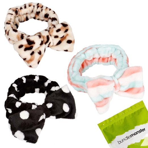 BMC 3pc Ultra Soft Face Washing Elastic Bow Towel Headbands - Bright Leopard, Stripes, and Black White Polka Dots