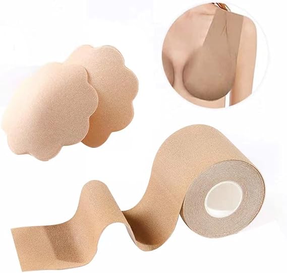 Boob Tape Boobytape for Breast Lift with Nipple Cover Set (2 pcs) A-DD E Cup Large Big Size Chest Supports Adhesive Bra Tape. Waterproof Sweat-Proof Body Tape for Backless,Wedding Dresses.