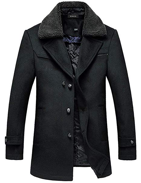 Nidicus Men Stylish Fur Collar Classic Wool Blend Pea Coat Single Breasted